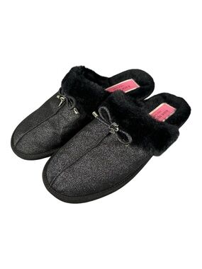 Kate Spade Lacey Slippers Women's 8B Black Shimmer Faux Fur Bow Charm Cozy Mule